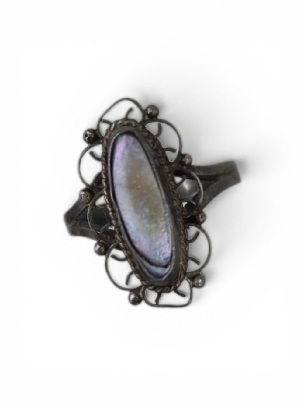 Vintage Abalone & Sterling Silver Statement Ring Elongated Oval Filigree 925